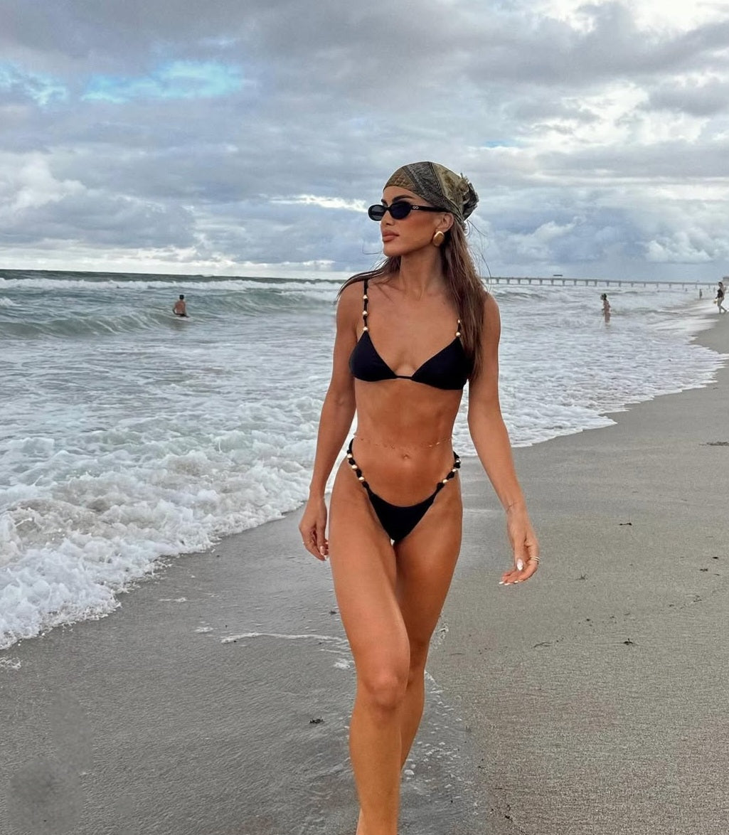 Camila Crinkle Black Bikini Top with Gold Accents